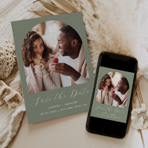 Minimal Boho Photo Arch Script Sage Green Save The Date