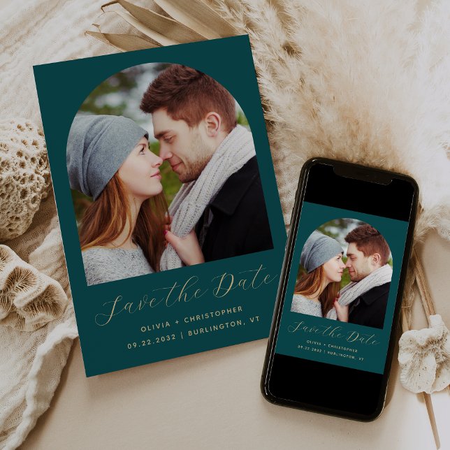Minimal Boho Photo Arch Teal Blue Gold Script Save The Date (Creator Uploaded)