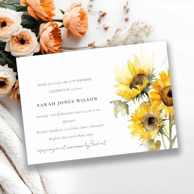 Minimal Boho Rustic Sunflower Watercolor Birthday Invitation (Creator Uploaded)