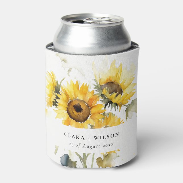 Minimal Boho Watercolor Sunflower Rustic Wedding Can Cooler (Can Front)