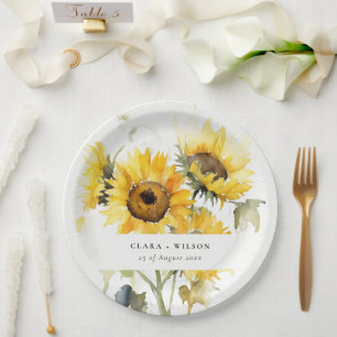 Minimal Boho Watercolor Sunflower Rustic Wedding Paper Plate
