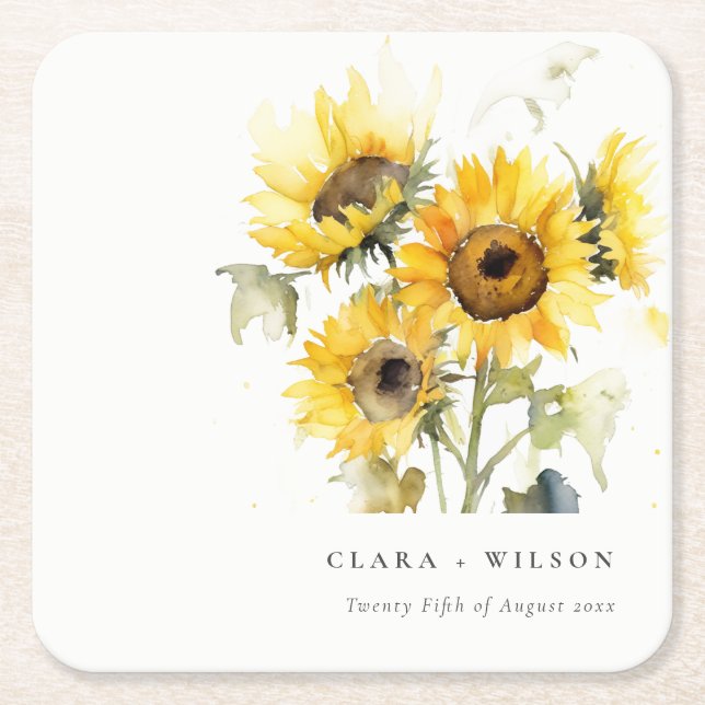 Minimal Boho Watercolor Sunflower Rustic Wedding Square Paper Coaster (Front)
