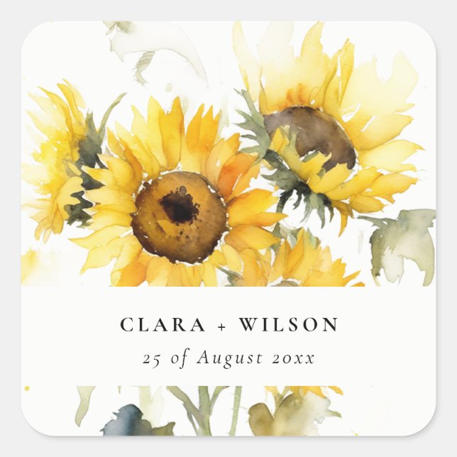 Minimal Boho Watercolor Sunflower Rustic Wedding Square Sticker (Front)
