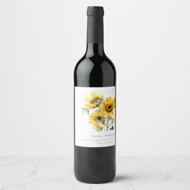 Minimal Boho Watercolor Sunflower Rustic Wedding Wine Label (Front)