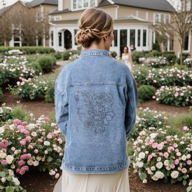Minimal Boho Wild Flower , bohemiam minimal Bride Denim Jacket (Wedding Back)
