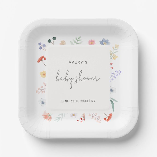 Minimal Boho Wildflower Frame Baby Shower  Paper Plate (Front)