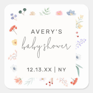 Minimal Boho Wildflower Frame Baby Shower  Square Sticker