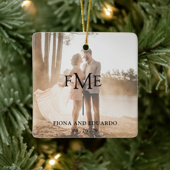 Minimal Bold Monogram Photo Modern Ceramic Ornament (Tree)
