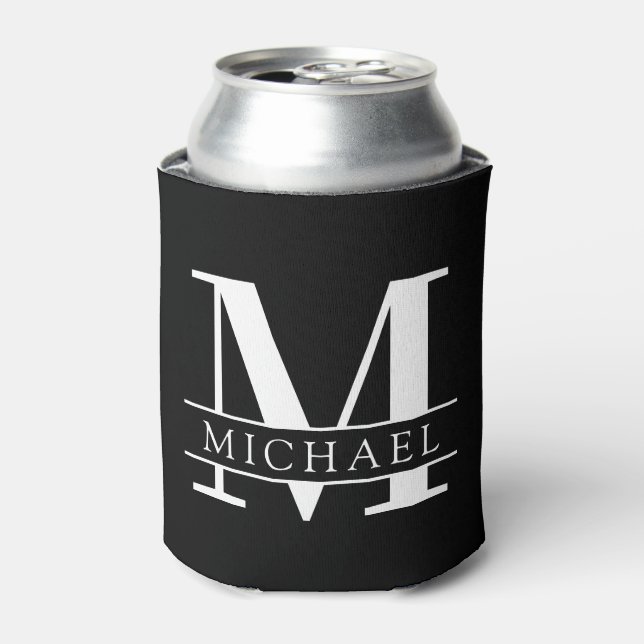 Minimal Bold Monogram with Name | Black Can Cooler (Can Front)