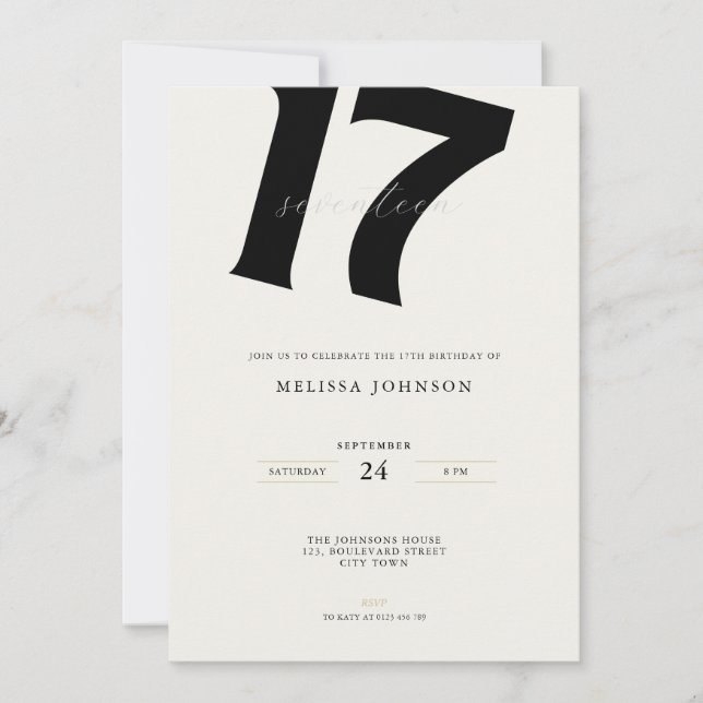 Minimal Bold Typography 17th Birthday  Invitation (Front)