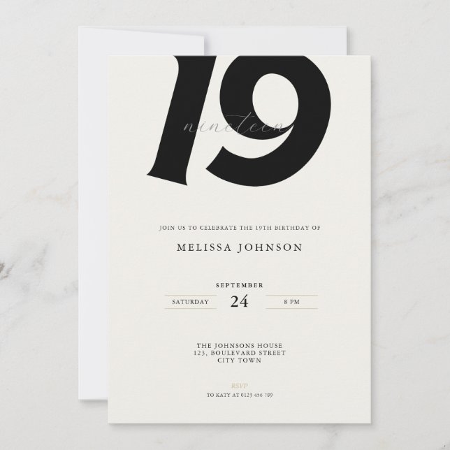 Minimal Bold Typography 19th Birthday  Invitation (Front)