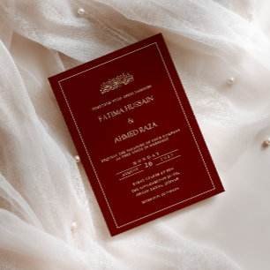 Minimal Border Gold Burgundy Red Muslim Wedding Invitation