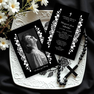 Minimal Botanic Back & White Garland Photo Funeral Invitation