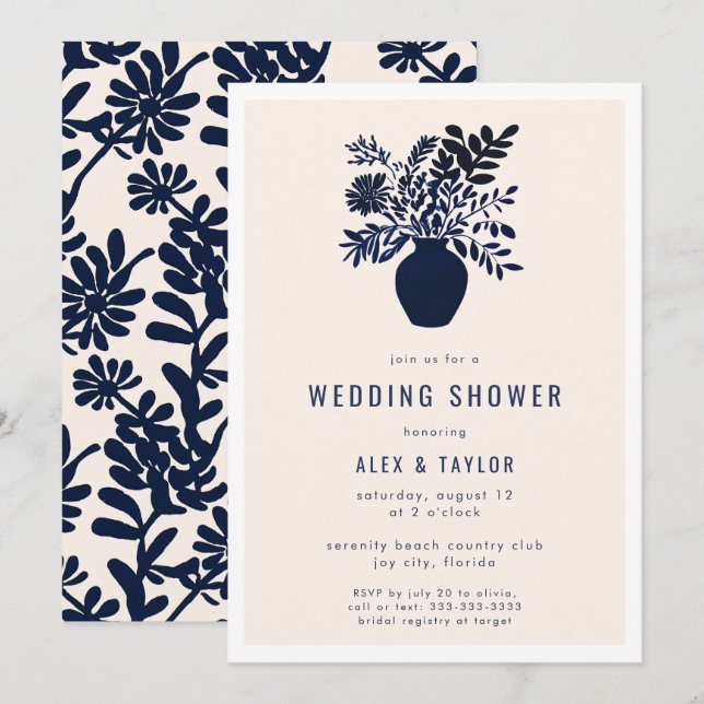 Minimal Botanical Boho Flowers Blue Wedding Shower Invitation (Front/Back)