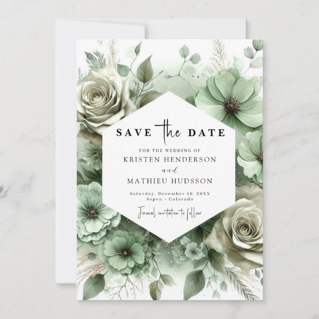 Minimal Botanical Classic Sage Green Wedding Save The Date (Front)
