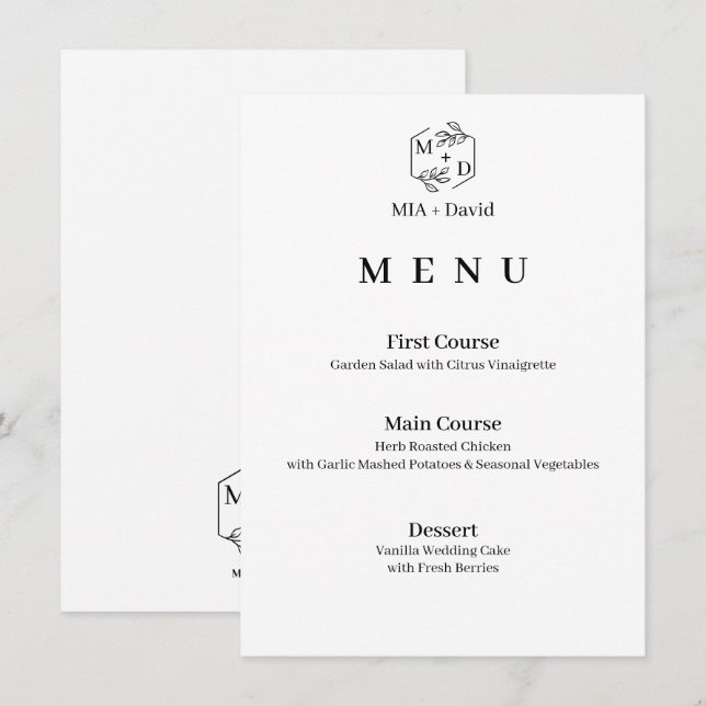 Minimal Botanical Elegant Monogram Wedding  Menu (Front/Back)