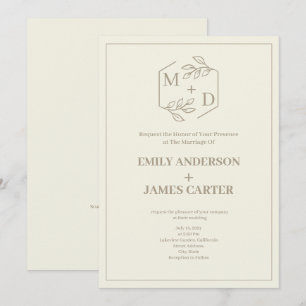 Minimal Botanical Monogram Wedding Vintage Ivory Invitation