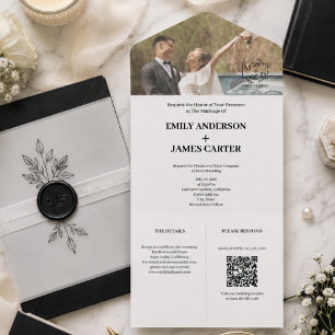 Minimal Botanical Photo Monogram Wedding All In One Invitation