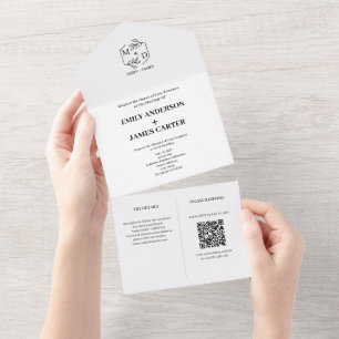 Minimal Botanical QR Code Monogram Wedding  All In One Invitation
