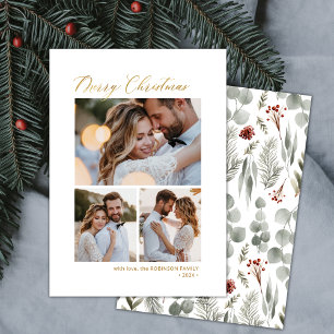 Minimal Botanical Script 3 Multi Photo Christmas  Holiday Card