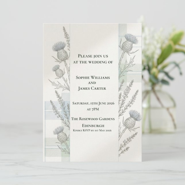 Minimal Botanical Thistle Lavender Scottish Weddin Invitation (Standing Front)