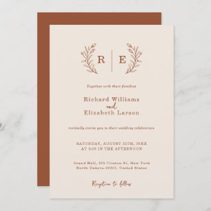 Minimal Botanical Wreath Monogram Wedding Invitation