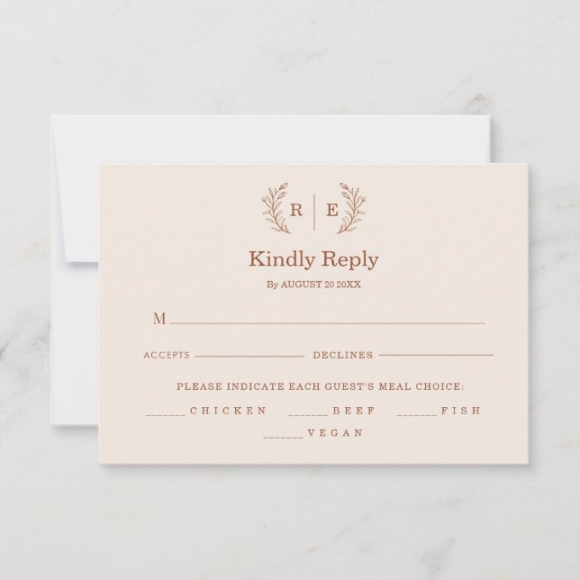 Minimal Botanical Wreath Monogram Wedding RSVP Card (Front)