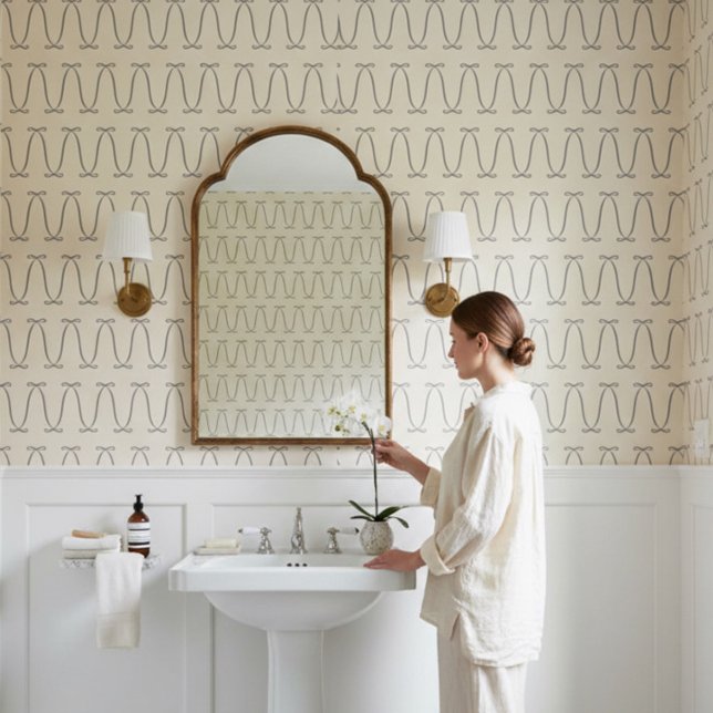 Minimal Bow Pattern Elegant Neutral Modern design Wallpaper (Stylish modern, coquette charcoal and cream ribbon bow wallpaper )