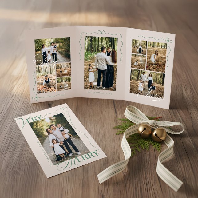 Minimal Bow Very Merry Photo Collage Christmas Tri-Fold Holiday Card (Minimal Bow Very Merry Photo Collage Christmas Tri-Fold Holiday Card)