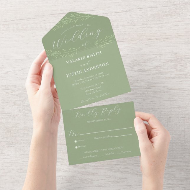 Minimal Branch Sage Green Wedding All In One Invitation (Tearaway)