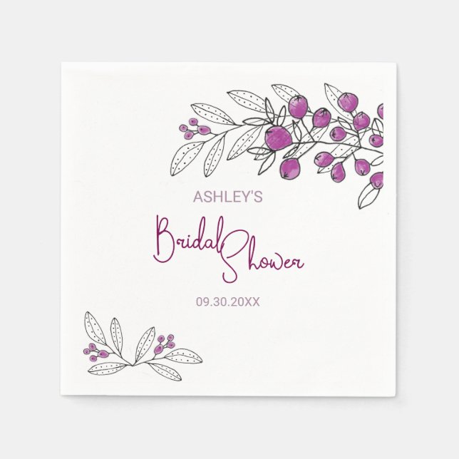 Minimal Bridal Shower Purple Berries Leaves Napkin (Front)