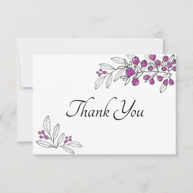 Minimal Bridal Shower Purple Berries Leaves Thank You Card (Front)