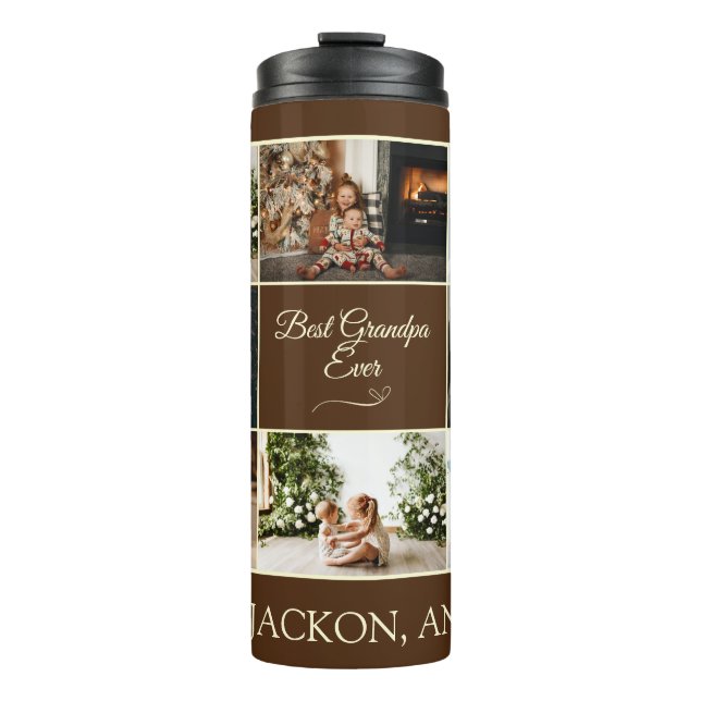 Minimal Brown 8 Collage Best Grandpa Ever Photo Thermal Tumbler (Front)