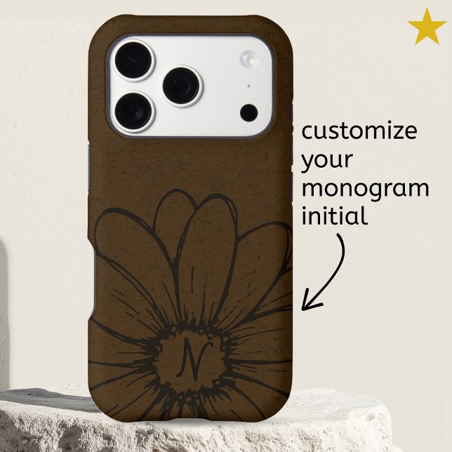 Minimal Brown Daisy Flower Drawing Monogram  (Creator Uploaded)