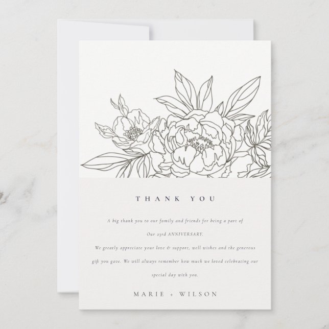 Minimal Brown Floral Sketch Any Year Anniversary Thank You Card (Front)