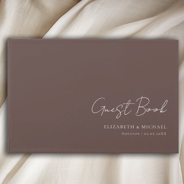 Minimal, Brown Handwriting Script Wedding  Guest Book (Minimal, Brown - White Handwriting Script Wedding Guest Book with your name and date.)