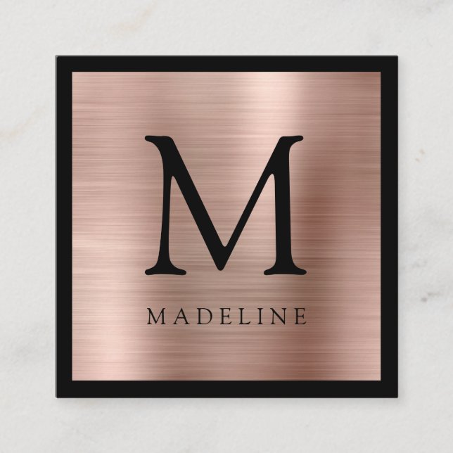 Minimal Brushed Metallic Rose Gold Black Monogram Square Business Card (Front)