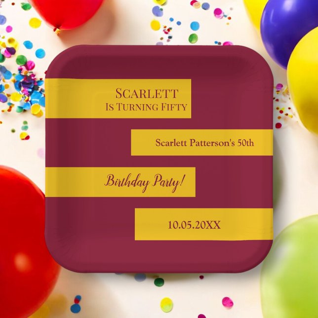 Minimal Burgundy And Gold Elegant 50th Birthday Paper Plate (Creator Uploaded)
