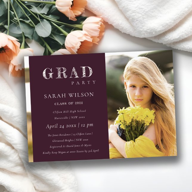 Minimal Burgundy Clean Photo Graduation Party Invitation (Creator Uploaded)