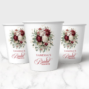 Minimal Burgundy Floral Bridal Shower Paper Cups