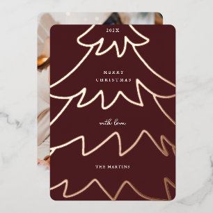Minimal Burgundy Foil Christmas Tree Photo Holiday Card