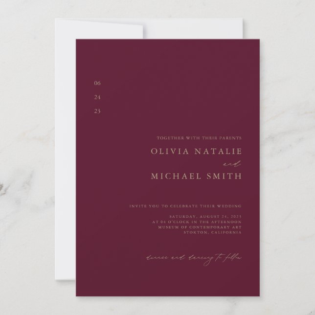 Minimal Burgundy & Gold QR Code All In One Wedding Invitation (Front)