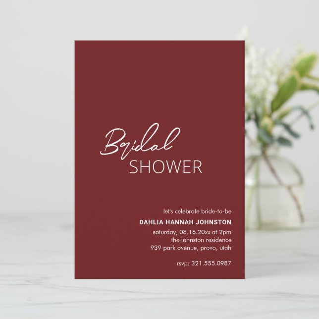 Minimal Burgundy Modern Bridal Shower Invitation (Standing Front)