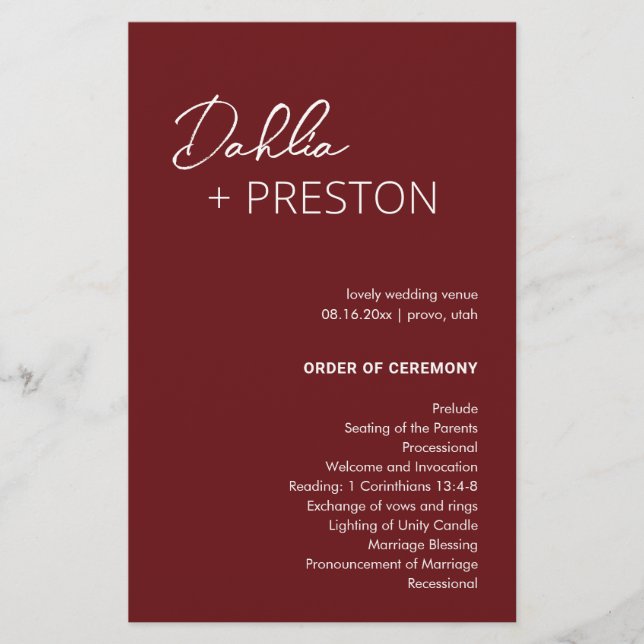 Minimal Burgundy Modern Wedding Program (Front)