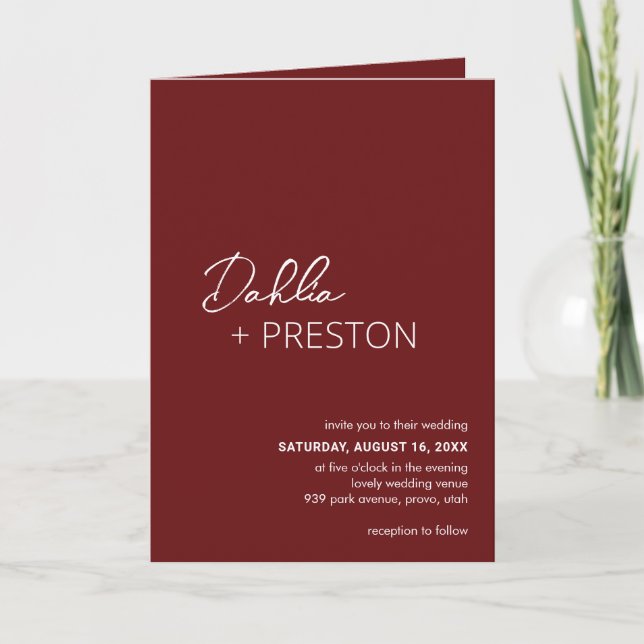 Minimal Burgundy QR Code Modern Wedding Invitation (Front)