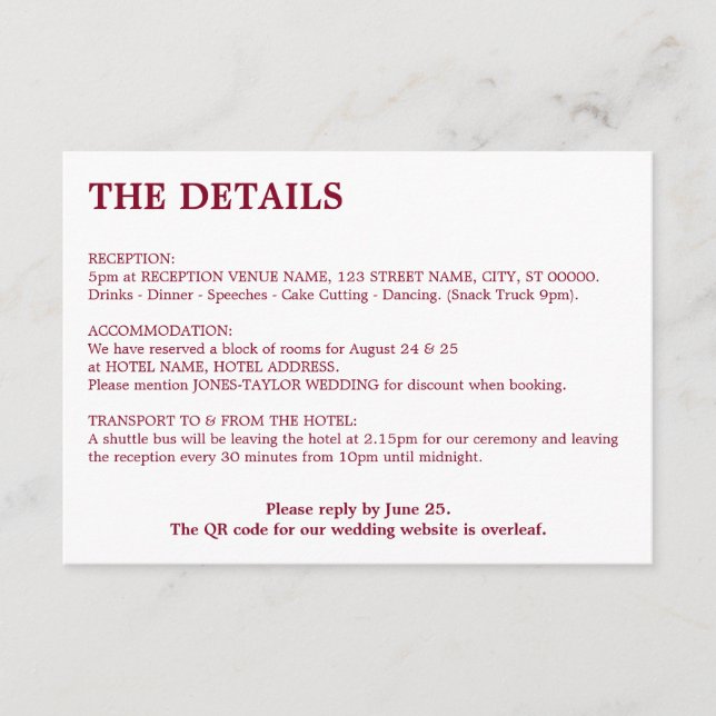 Minimal Burgundy QR Code Wedding Details Enclosure Card (Front)