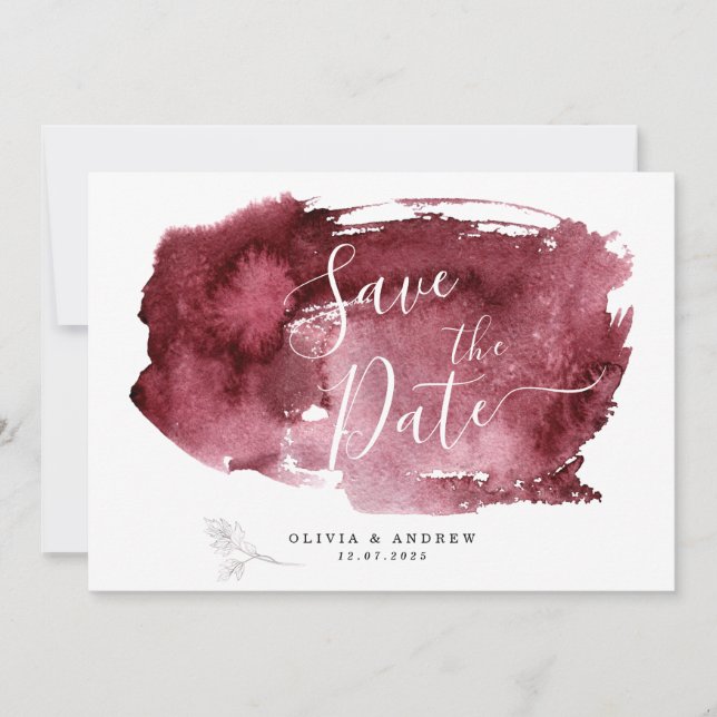 MINIMAL BURGUNDY WATERCOLOR BOTANICAL WEDDING SAVE THE DATE (Front)