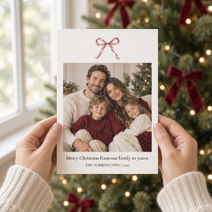 Minimal Burgundy Watercolor Bow Christmas Photo Holiday Card