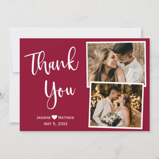 Minimal Burgundy Wedding Thank You Collage Card (Front)