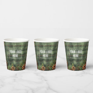 Minimal Business Logo Christmas Holiday Plaid Paper Cups